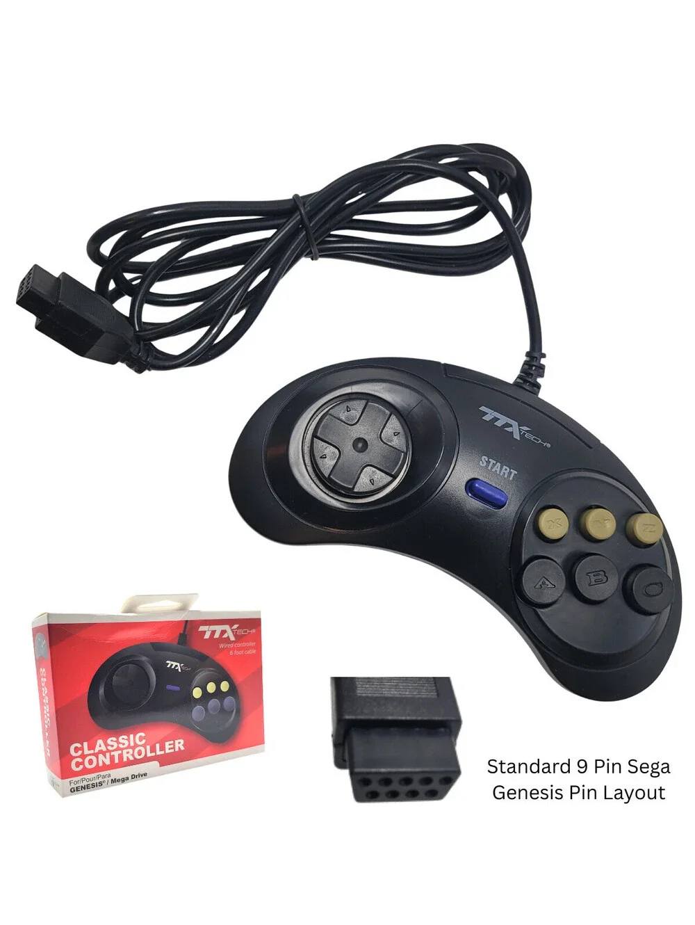Wired Classic Controller for Sega Genesis by TTX Tech (Black) - New in Box!